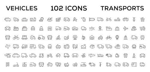 Travel and Transport line icon set. Containing car, bike, plane, train, bicycle, motorbike, bus and scooter icons. Transportation Simple line icon collections