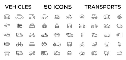 Travel and Transport line icon set. Containing car, bike, plane, train, bicycle, motorbike, bus and scooter icons. Transportation Simple line icon collections
