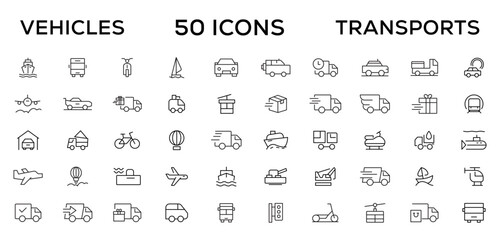 Travel and Transport line icon set. Containing car, bike, plane, train, bicycle, motorbike, bus and scooter icons. Transportation Simple line icon collections