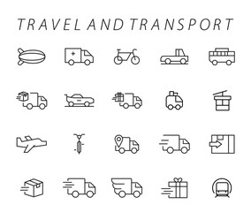Travel and Transport line icon set. Containing car, bike, plane, train, bicycle, motorbike, bus and scooter icons. Transportation Simple line icon collections