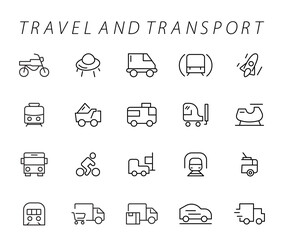 Fototapeta premium Travel and Transport line icon set. Containing car, bike, plane, train, bicycle, motorbike, bus and scooter icons. Transportation Simple line icon collections