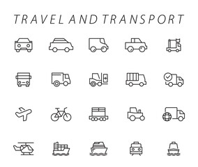 Travel and Transport line icon set. Containing car, bike, plane, train, bicycle, motorbike, bus and scooter icons. Transportation Simple line icon collections
