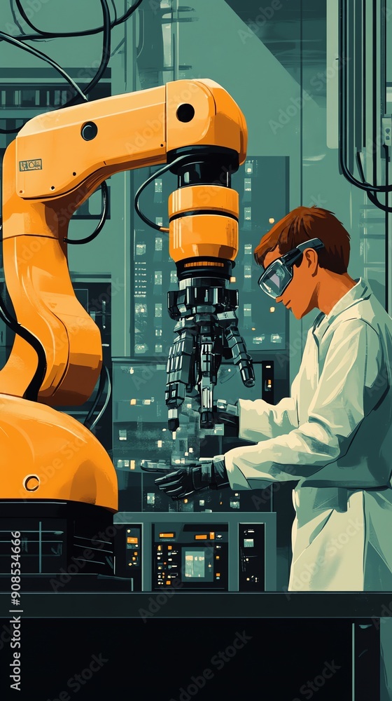 Poster Scientist working with a robotic arm in a laboratory.
