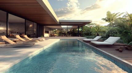 High-tech villa in the tropics, featuring a sleek swimming pool and stylish lounge chairs. Modern luxury meets tropical paradise.