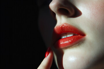 Obraz premium Persona fixes her makeup. Sensual red lips and manicure with spectacular lighting