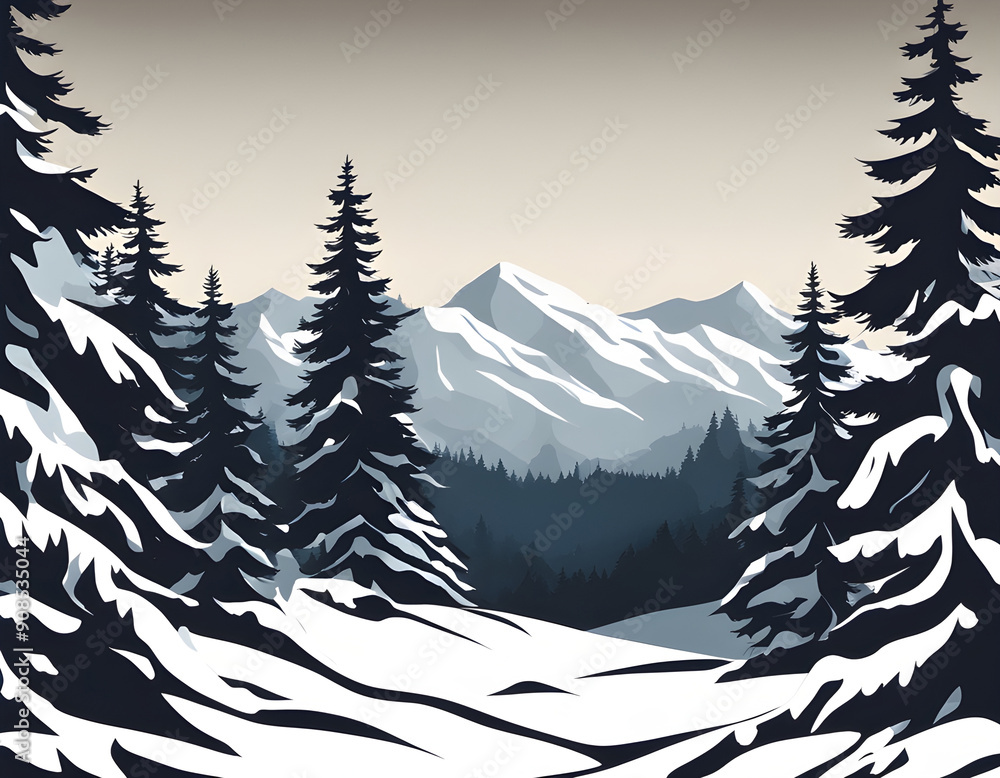 Sticker Winter season trees mountains forest texture, silhouette of coniferous forest background