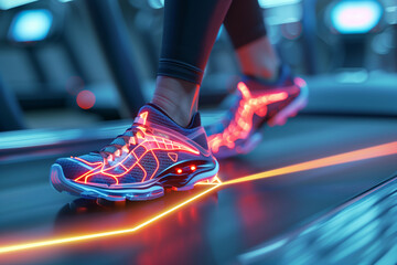 Obraz premium Dynamic Stride of an Athlete on a High-Tech Treadmill During an Evening Workout Session