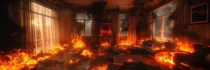 A room in disarray, a single window allows light to enter as flames engulf the space, black smoke clouds fill the air. Brown chair lies amidst debris scattered across gray floor and white walls.