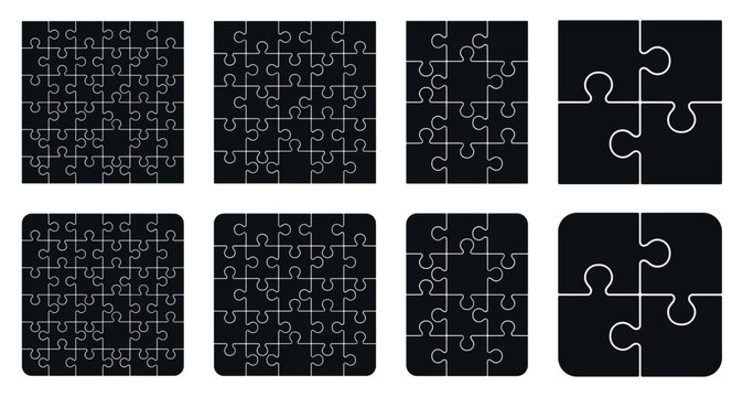 Puzzle pieces square 4x4, 5x5, 6x6, 3x4, isolated on white background. Jigsaw puzzle game vector template with right angles, rounded.
