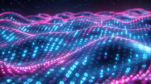 Colorful digital waves with binary code glowing in blue and pink, abstract technology background.