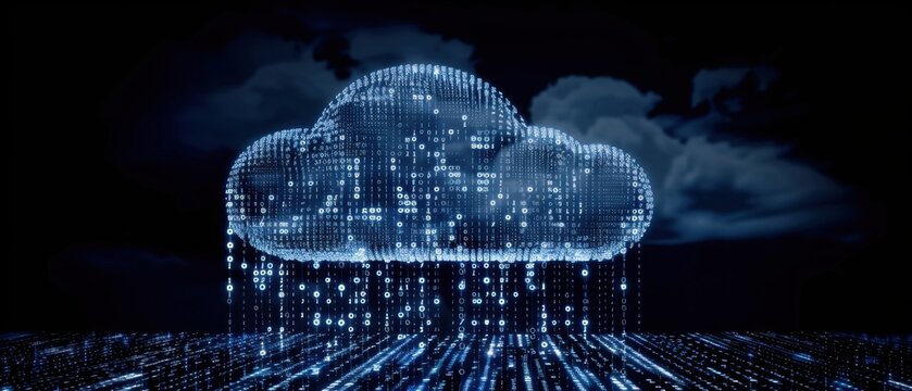 Digital cloud technology concept with matrix style binary code and data flow representation on dark background.