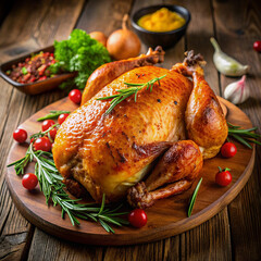 Whole rosted chicken with cranberry sauce on white plate on wooden table with Christmas decoration