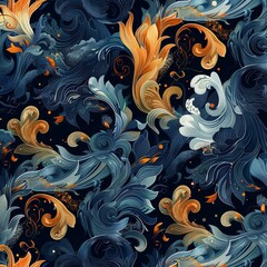 Seamless Pattern with Blue and Orange Swirls