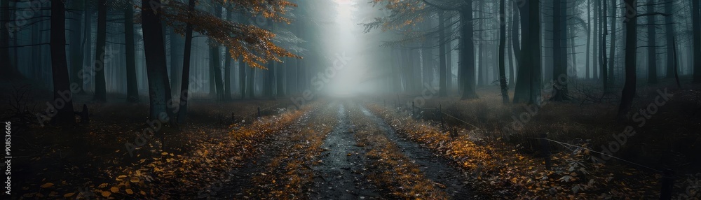Poster a serene forest path enveloped in mist, with soft light breaking through the trees, creating an ench