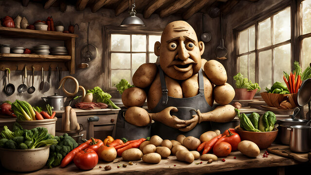 Muskelbildung durch den Verzehr von Kartoffeln, Kartoffelproteine, Muskul&ouml;ser gezeichneter Mann, Ern&auml;hrung, Protein, Muskulatur, Essen