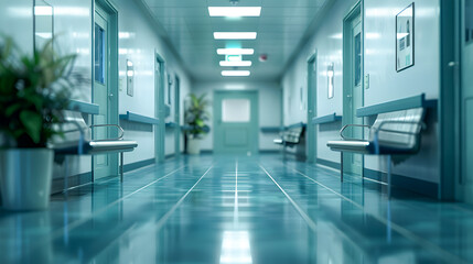 Fototapeta premium Hospital hallway, reception clinic. Unfocused background.