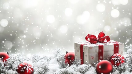 christmas background featuring a wrapped gift box and xmas ornaments