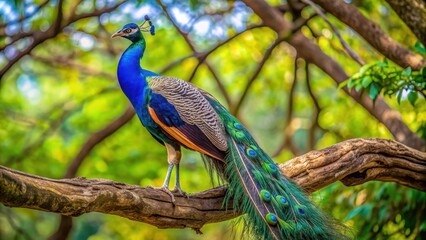 Naklejka premium Beautiful blue peacock perched on a tree branch , intricate, detailed, graceful, majestic, vibrant, feathers, wildlife, bird
