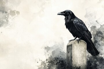 Watercolor raven perched on a tombstone on one side, with copy space on the other side, vintage slate gray watercolor splash background