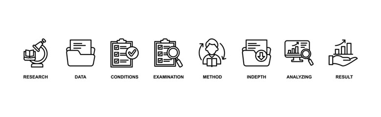 Case study web banner icon vector illustration concept consists of research, data, conditions, examination, method, in depth, analyzing, and result icon live stroke and easy to edit