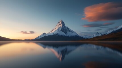 Fototapeta premium Majestic Snowy Mountain Peak Reflected in Serene Alpine Lake at Sunset