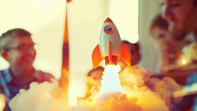 A group of people are sitting around a table with a model rocket on it. The rocket is orange and white and is in the middle of the table. The people are smiling and seem to be enjoying themselves