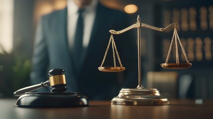 Gavel and Scales of Justice on Wooden Desk Representing Legal Proceedings and Court Decisions