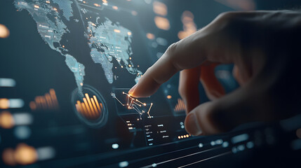 Futuristic digital global data analytics and business strategy technology interface on world map