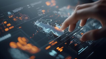 Futuristic digital dashboard with data analytics and global information display