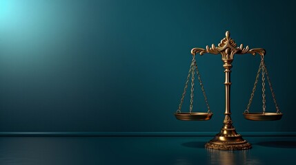 Bronze scales of justice in 3d on dark blue studio background for legal and judiciary concepts