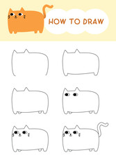 How to draw cat cartoon step by step for learning, kid, education, coloring book. Vector illustration