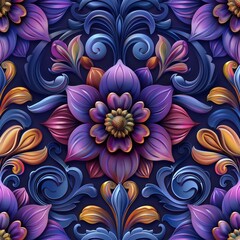 Intricate Floral Design in Purple, Blue, and Gold