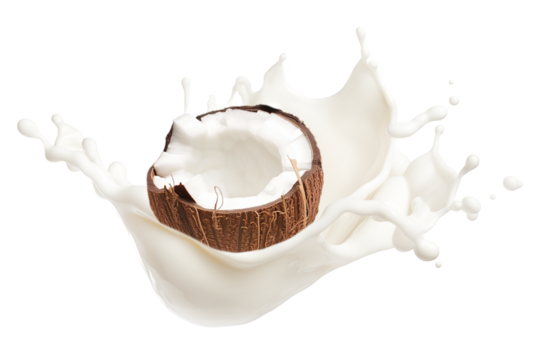 Levitation of coconut in a splash of cream isolated on a transparent background.