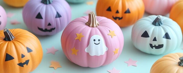 a pink, purple, orange, and white painted pumpkin with a ghost face, hearts, and stars drawn on it in pastel colors. fun Halloween themed party decorations
