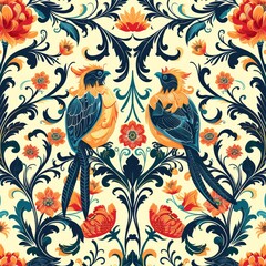 Ornamental Bird Pattern with Floral Motifs