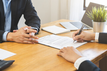 Business finance concept, teamwork and partnership asian businessman customer and salesman...
