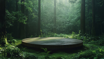 A serene forest clearing with a minimalist circular wooden platform in the center, surrounded by lush greenery and tall trees