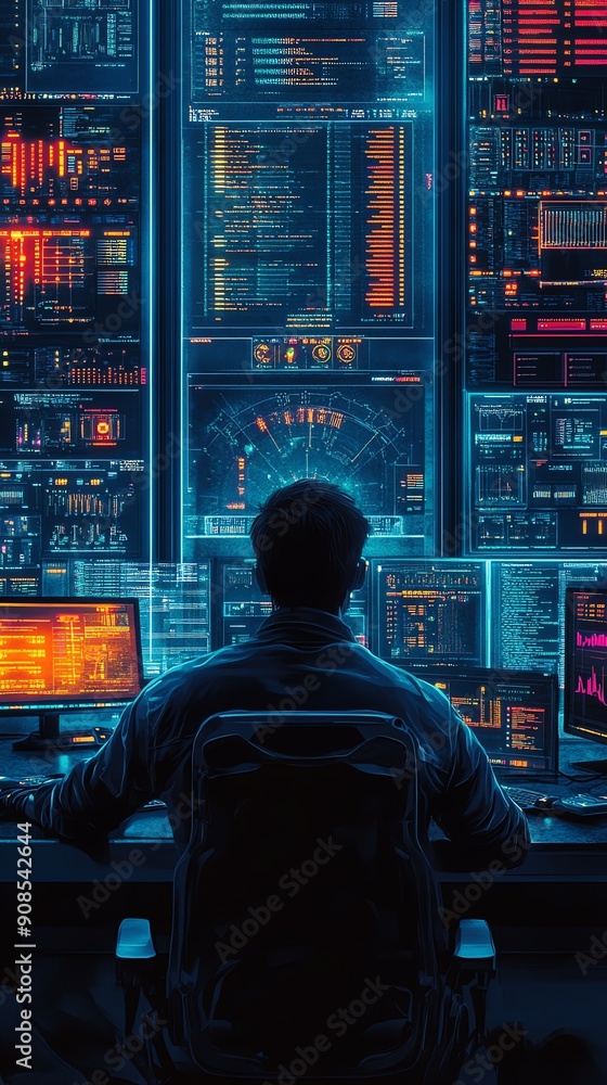 Fototapete Hacker in a dark room with multiple monitors displaying digital data.