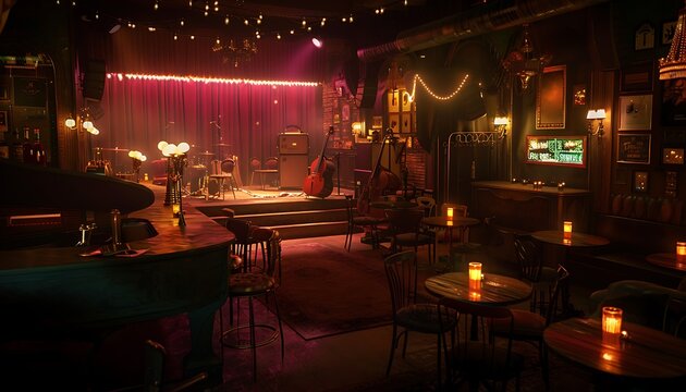 A cozy jazz bar with dim lighting, vintage decor, and a stage for live performances, creating an intimate and relaxing atmosphere.