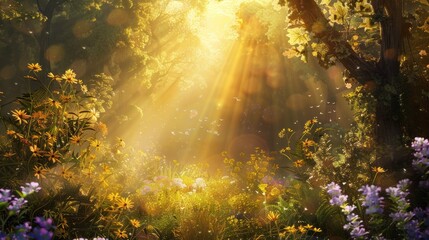 Obraz premium Green trees of tropical rainforest morning rays, view from below, sunlight can be seen penetrating the leaves. 