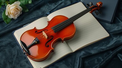 Fototapeta premium Violin, bow, rose, and notebook on dark blue velvet background with musical notes