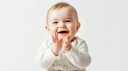 A cheerful baby claps hands with a wide smile, expressing excitement and happiness on a pristine white background.