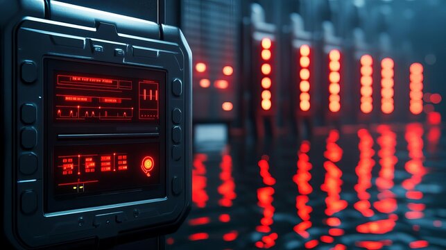 Automated flood gate, digital interface, neon-lit city, flood prevention technology