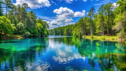 Piney Z Lake in Tallahassee Florida, surrounded by lush green trees and clear blue water, nature, lake, Piney Z