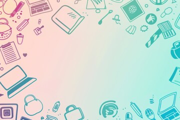 Fototapeta premium Background with icons of e-learning tools such as laptops, tablets, and online class symbols, on a light gradient backdrop