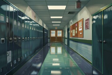 Background image of a school corridor with lockers, bulletin boards, and classroom doors