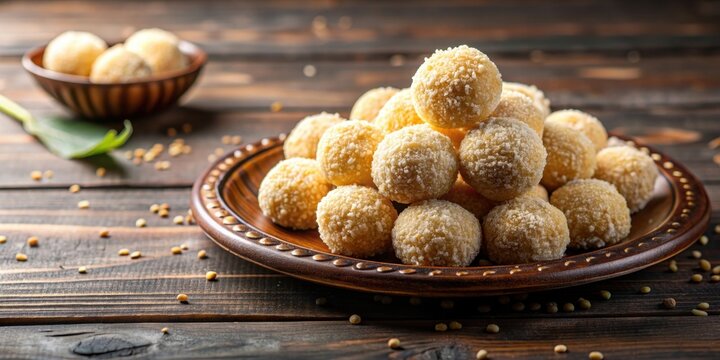 Delicious coconut ladoo on a plate, perfect for festivals and celebrations , Indian, sweet, treat, dessert, coconut