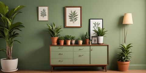 A modern style cabinet with drawers and shelves, decorated with potted plants and framed artwork, against a sage green wall