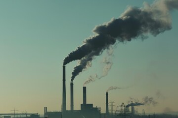 A factory emitting thick, dark smoke from its chimneys, polluting the air with a hazy sky in the background