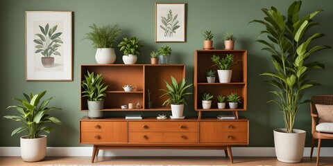 A modern style cabinet with drawers and shelves, decorated with potted plants and framed artwork, against a sage green wall